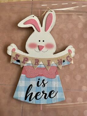 Easter Bunny Wooden Wall Hanging with Pink Accents